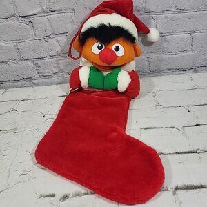 Vintage 90s Sesame Street Christmas Stocking Ernie In Santa Hat 3D Plush Head